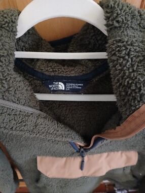 The North Face Olive Green Sherpa Jacket with Tan Pocket Trim